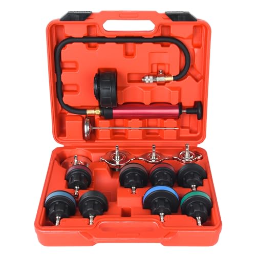14pcs Automotive Cooling System Tester Radiator Pump Pressure Leak Tester Gauge Tool Kit,Coolant Pressure Tester Kit with Aluminum Hand Pump and Adapters - color: Red 3