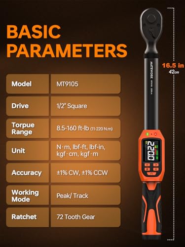 Matework Digital Torque Wrench 1/2" Drive | 8.5-160 ft.lb | ±1% High Accuracy | Buzzer and LED Alert | 3-Mode & 5-Unit Switch, 8PCS Digital Torque Wrench Set for Motorcycle, Car Maintenance - size: 1/2-Inch (8.5-160 ft·lb)