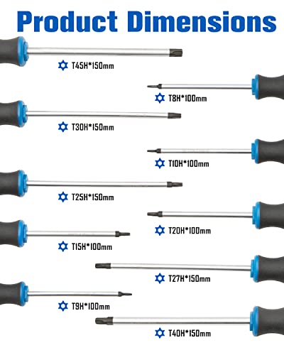 ROTATION Torx Screwdrivers Set 10-Piece, Magnetic Black Finished Tip with Center Hole, Professional Cushion Grip Screwdriver Set with High Torque