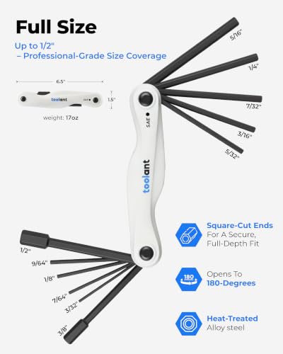 Kraftek toolant 11PCS Long Arm Folding Allen Wrench Set, SAE Hex Key Set 3/32"-1/2", Extended Reach Allen Key Set with 4 Inch Long Arms, CRV Steel Foldable Hex Wrench Tool for Bike Repair, Home & DIY - size: 11PCS（Folding ）-SAE