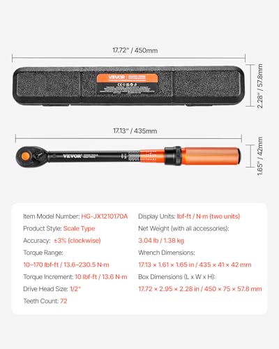 VEVOR 1/2-inch Drive Torque Wrench, 10-170 ft.lb/13.6-230.5 Nm, Dual-Direction Adjustable 72 tooth Click Torque Wrench with Buckle for Bicycle, Moto and Car Maintenance - size: 10-170FT.LB, style: 1/2-Inch