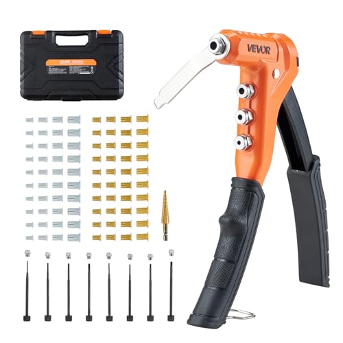 VEVOR Rivet Nut Tool Kit, 9-Inch One-Handed Rivnut Tool Kit, with 8 Mandrels, a Step Drill Bit and 80 Nuts, Metric and SAE Size M3, M4, M5, M6, 6-32, 8-32, 10-24, 1/4-20 UNC, with a Carrying Case - size: 9", style: RIVET NUT TOOL