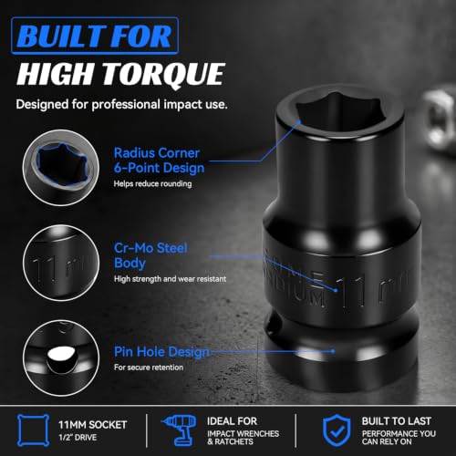 2PCS 11mm Impact Socket 1/2" Drive, 6 Point Metric Shallow Socket, CR-V Steel Heavy Duty Impact Wrench Socket for Automotive Repair - size: 11mm