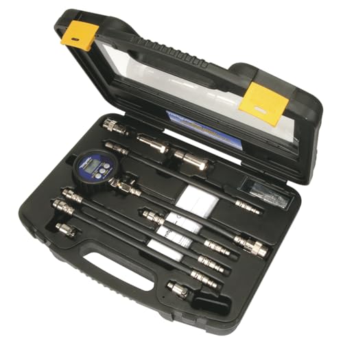 Mityvac MV5532 Digital Gasoline Compression Test Kit, Up to 12 Cylinders, Backlit LC Display, 9V Battery, Oil-Resistant Gauge with Rubber Boot, Displays PSI, Bar and kPa, Custom-Molded Case