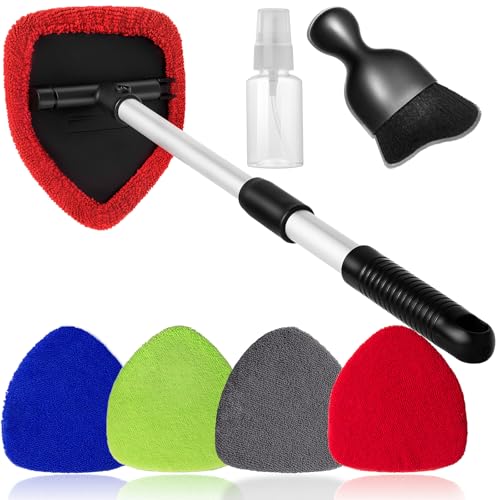 Qydipclin 7pcs Windshield Cleaner Tool Car Window Cleaning Wash Kit with 4 Reusable Microfiber Pads 1 Spray Bottle and Extendable Handle Auto Glass Wiper Kit, Multicolor - color: Blue & Green & Gray & Red