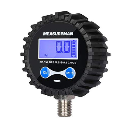 MEASUREMAN 2-1/2" Dial Size Digital Air Pressure Gauge with 1/4'' NPT Bottom Connector and Protective Boot, 0-60psi, Accuracy 1%, Battery Powered, with LED Light - size: Long thread, style: 0-60psi