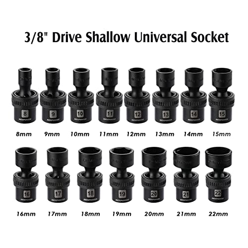 MIXPOWER 15-piece 3/8" Drive Shallow Universal Impact Socket Set, 6 Point, Metric, 8-22mm, CR-MO, Swivel Socket With Flexible Wobble… - size: 15 Pcs Metric 3/8'' Dr. (Shallow)