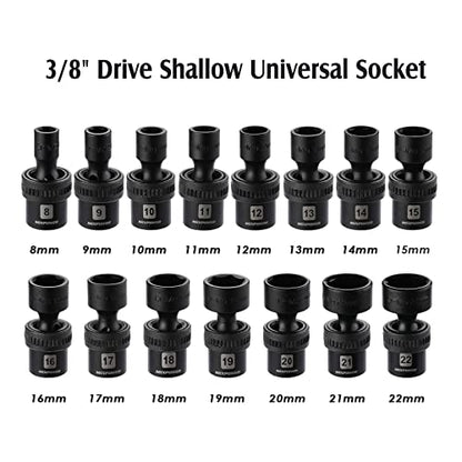 MIXPOWER 15-piece 3/8" Drive Shallow Universal Impact Socket Set, 6 Point, Metric, 8-22mm, CR-MO, Swivel Socket With Flexible Wobble… - size: 15 Pcs Metric 3/8'' Dr. (Shallow)