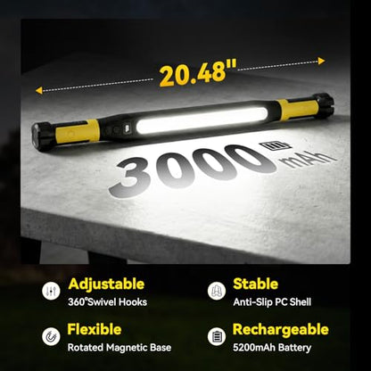 AlpsWolf Magnetic Rechargeable Work Light - 3000LM LED Light Bar, 5200mAh Underhood Light with 360°Rotatable Hook and Clip, 3 Brightness Modes for Car Repair, Workshop, Emergency (1PC)