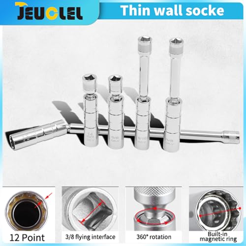 5PCS Magnetic Swivel Spark Plug Socket Set, 14mm Thin Wall Socket, 9/16" 6-inch Extension Socket, 5/8" Sockets with 4, 6, and 10 inch Extensions, Heavy Duty Retaining Ring, Cr-V Steel Made