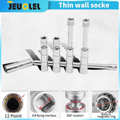 5PCS Magnetic Swivel Spark Plug Socket Set, 14mm Thin Wall Socket, 9/16" 6-inch Extension Socket, 5/8" Sockets with 4, 6, and 10 inch Extensions, Heavy Duty Retaining Ring, Cr-V Steel Made