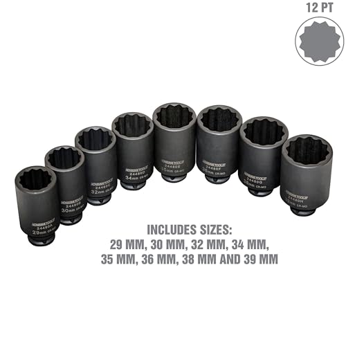 OEMTOOLS 24480 Axle Nut Socket Set, 12-Pt 1/2 Impact Socket Set, 8Pc Metric 1/2 Socket Set, Impact Socket Set 1/2 Drive for Axle Nuts, Impact Sockets 29mm to 39mm, Socket Sets Storage Case