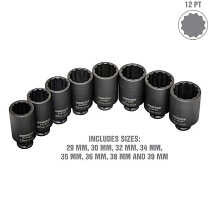 OEMTOOLS 24480 Axle Nut Socket Set, 12-Pt 1/2 Impact Socket Set, 8Pc Metric 1/2 Socket Set, Impact Socket Set 1/2 Drive for Axle Nuts, Impact Sockets 29mm to 39mm, Socket Sets Storage Case
