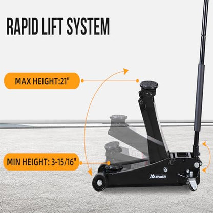 APlusLift FE400B 4 Ton Low Profile Steel Racing Floor Jack Lift Up To 21" | ASME PASE-2019 certified dual piston quick lift design, 3-15/16" minimum height, 360° swivel casters perfect for racing cars