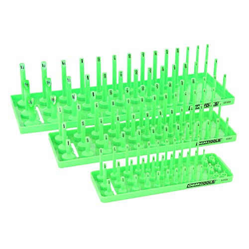 OEMTOOLS 22339 3-Post SAE Socket Tray Set, 3 Piece, Deep, Shallow, and Impact 3 Row Socket Organizer for Tool Box Drawer, Holds 120 Tools, 1/4, 3/8 and 1/2 Inch Drive, SAE, Green - size: 3 Piece SAE