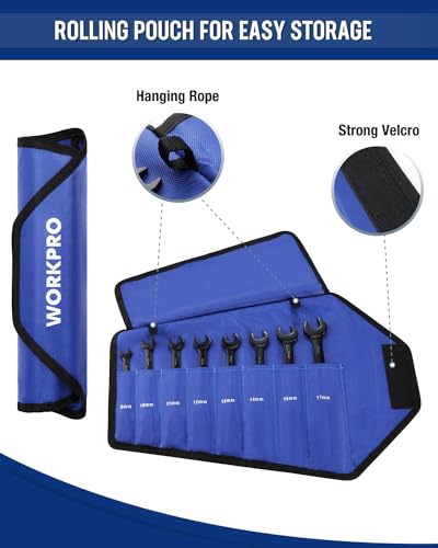 WORKPRO Ratcheting Combination Wrench Set, 8-piece Flex-Head Anti-Slip Set Metric 8-17 mm, 72-Teeth, Cr-V Constructed, Black Electrophoretic Coating with Rolling Pouch - size: Metric, style: Anti-Slip Tooth