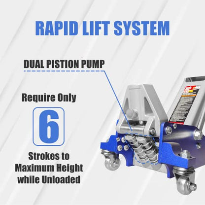 BIG RED T815016L Torin Hydraulic Low Profile Aluminum and Steel Racing Floor Jack, 1.5 Ton (3,000 lb) Capacity, Blue & T42002A Torin Steel Jack Stands: Double Locking, 2 Ton (4,000 lb) Capacity, Red