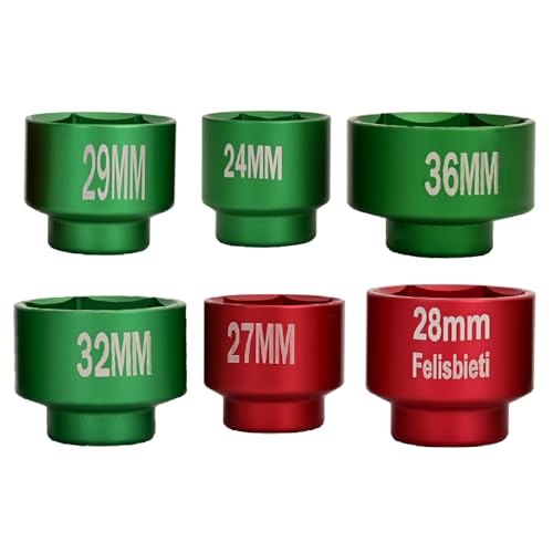 Oil Filter Socket Set, Oil filter Removal Tool. 6 pieces 3/8" Drive, metric size 36mm 32mm 29mm 28mm 27mm 24mm Socket Fuel Filter/Oil Filter Wrench Set - color: Red and Green, size: 24mm-36mm