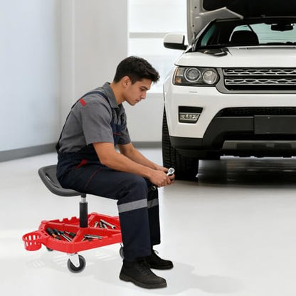Rolling Garage Stool, 330LBS Car Detailing Stool Chair 8"-23" Adjustable Height Range Mechanic Seat with 4PCS 360° Swivel Wheels & Large Tool Tray for Workshop Auto Repair Shop