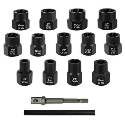 15 PCS 3/8” Drive Shallow Impact Socket Set,Metric and SAE Cr-V Steel Lug Nut Extractor Twist Socket Set for Removing Damaged Bolt， Nut Extractor & Screws Threading Tool Kit Set (10-17mm) - color: 13 Pcs-3/8