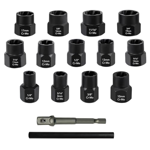 15 PCS 3/8” Drive Shallow Impact Socket Set,Metric and SAE Cr-V Steel Lug Nut Extractor Twist Socket Set for Removing Damaged Bolt， Nut Extractor & Screws Threading Tool Kit Set (10-17mm) - color: 13 Pcs-3/8