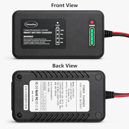 Unocho 14.6V 4A LiFePO4 Battery Charger 4-Stage Smart Charger Maintainer for 12.8V Lithium Iron Phosphate Batteries, BMS Wake-Up, LED Indicator, Clips and Ring Terminals
