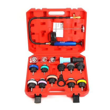 18pcs Universal Radiator Pressure Tester Kit, Coolant Vacuum Refill kit，Coolant Pressure Tester Kit with Manual Pump and Color-Coded Test Caps (red) - color: red