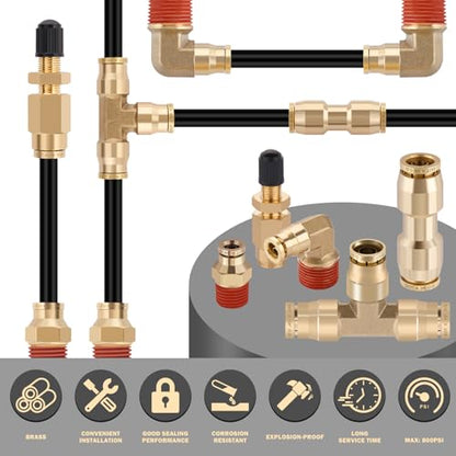 CheeMuii 43 Pcs Brass DOT Air Line Fittings with 50FT 1/4" & 32.8FT 3/8" DOT Air Hose Kit - 1/4, 3/8, 1/2 Push to Connect NPT Thread & Quick Connect Fittings - size: 45 PCS