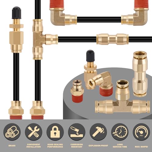 CheeMuii 76 PCS Brass DOT Air Line Fittings with 100FT 1/4" and 50FT 3/8" DOT Air Line Kit Push Lock Air Fitting Quick Connect & NPT Thread Fittings with Pneumatic Tubing Set - size: 2ROLL-80PCS-BLACK