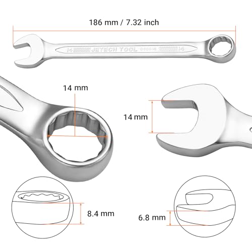 Jetech 14mm Combination Wrench - Industrial Grade, Chrome Vanadium Steel, Sand Blasted Finish, Precision Machined 12-Point Opening, Off-Corners Design, 15-Degree Offset - size: 14mm