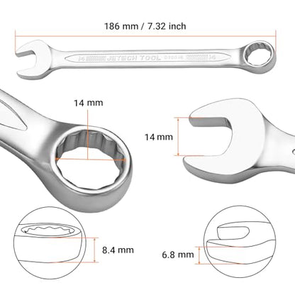 Jetech 14mm Combination Wrench - Industrial Grade, Chrome Vanadium Steel, Sand Blasted Finish, Precision Machined 12-Point Opening, Off-Corners Design, 15-Degree Offset - size: 14mm