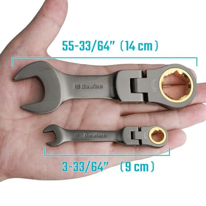DURATECH 12-Piece Anti-Slip Flex-Head Ratcheting Wrench Set, Stubby Combination Wrench Set, Metric, 8-19mm, 72-Teeth, CR-V Steel, Nickel Plated with Pouch