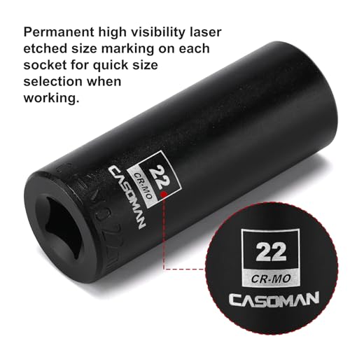 CASOMAN 1/2-Inch Drive x 22mm Deep Impact Socket, 6-Point, Metric, CR-MO - size: 22 mm (Deep), style: 6-Point Socket