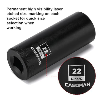 CASOMAN 1/2-Inch Drive x 22mm Deep Impact Socket, 6-Point, Metric, CR-MO - size: 22 mm (Deep), style: 6-Point Socket