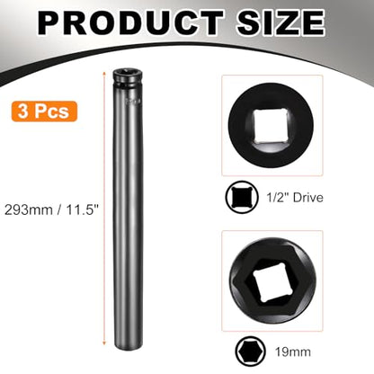 HARFINGTON 3pcs 6-Point Deep Impact Socket 1/2" Drive 19mm Metric Socket 11.5" (293mm) Extra Long Heat-Treated 45# Steel for Home Auto Spindle Axle Hex Nuts Bolts Repair, Black - size: 19mm + 11.5" Long