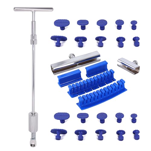 Paintless Dent Repair Tool,2 in 1 Slide Hammer dent Puller Car Repair Tool Kit with 20 pcs Suction Dent Puller, 2 Stainless Steel Grooves, 4 Puller Lines - style: 28PCS