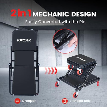 KROAK Creeper, 36 Inches 2 in 1 Z Creeper Seat 330 lbs Capacity Garage Chair Adjustable Rolling Folding Car Creeper with 6 pcs Wheels,Lay Down or Sit for Garage, Shop, Auto Repair Black - size: 36"