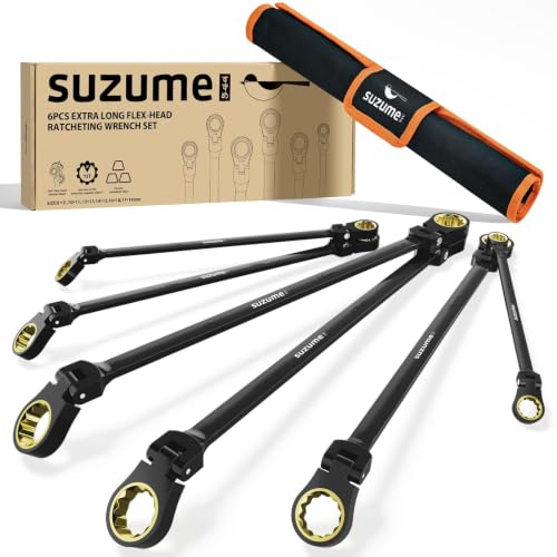 SUZUME Extra Long Flex Head Ratcheting Wrench Set 6PCS (8-19mm) Double Box End Metric EVA Foam 180° Flexible Head 15K Gear Cycles Tested Black Chrome Finish CR-V Steel for Tight Engine Bays with Pouch - size: 6-Piece