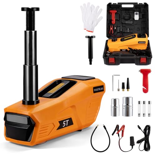 Electric Car Jack Kit 5 Ton 12V Cordless Hydraulic Floor Jack with Remote Control & Tire Inflator – Portable Emergency Lifting Kit for SUV, Sedan, Truck, Lifting Height 4.7-18 Inch