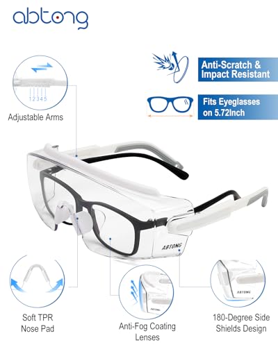 Clear Safety Glasses Over Eyeglasses — ANSI Z87.1 Certified Safety Goggles with UV380 Anti-Fog & Anti-Scratch Wraparound Lenses — Adjustable Temples with Anti-Slip Tips — Youth Men & Women - color: White