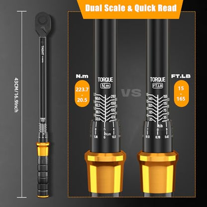 1/2-Inch Drive Click Torque Wrench Set – 15–165 ft-lb / 20–220 Nm, ±3% Precision, Dual Scale, Reversible Head for Car, Tire, and Motorcycle Use