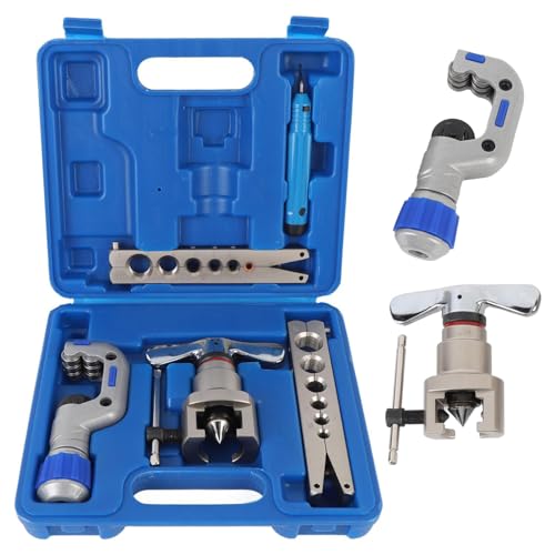 Brake Line Flaring Tool Kit Pipe Expander Set 1/4" - 3/4" Tubing Pipe Flare Tool HVAC 45° Eccentric Cone Type Flaring Tool with Pipe Cutter for Brass Copper Aluminum Pipes Refrigeration (5 in 1 Kit) - size: 5 in 1 Set