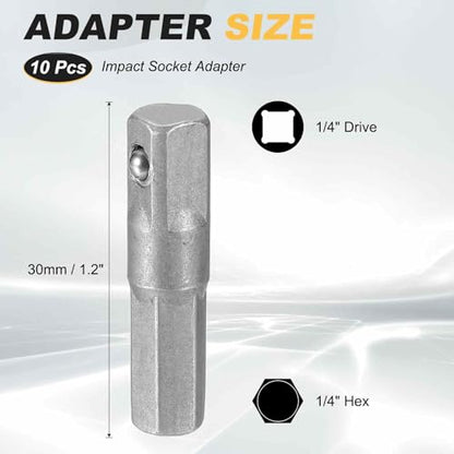 HARFINGTON 10pcs Impact Socket Adapter 1/4" Square Drive 1/4" Hex Shank 1.2" Long Extension Bit for Axle Nut Driver Drill Socket Sets - size: 1/4" x 1.2"