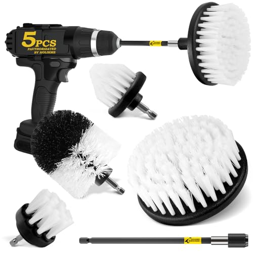 Holikme 5Pack Drill Brush Attachment Set-Car Interior Detailing Kit，Power Scrubber Brush Extended Long Attachment for Bathroom, Car，Shower，Carpet,Boat,Kitchen，Floor and Tile，White | 4 nylon scrub brushes,white,Power scrubber kit for Bathroom Surfaces, Gro
