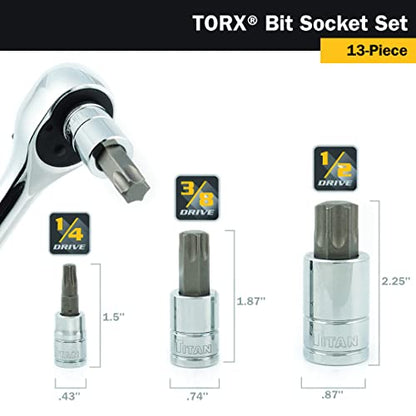 Titan 85532 13-Piece Torx Bit Socket Set, Magnetic Socket Organizer with Laser-Etched Size Markings - style: New Torx