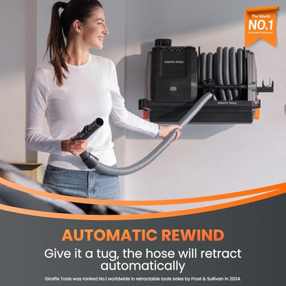 Giraffe Tools Grandstorm Retractable Vacuum Cleaner Wall-Mounted, Shop Wet Dry Vacuum Cleaner with 6 Nozzles for Car Detailing Remote Control Garage Vacuum, Grey, 30ft Hose