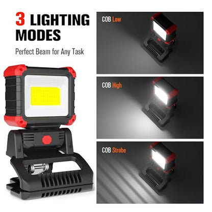 Yls 2 Pack LED Rechargeable Work Light with Clamp, 2100LM COB Magnetic Clip on Worklight with 3 Light Modes, 270°& 180° Rotatable Portable Clamp Worklight for Car Repairing, Jobsite, Grilling, Camping