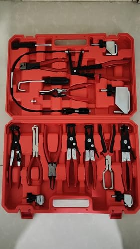17-Piece Hose Clamp Pliers Set for Fuel Line Disconnect Tool & Water Hoses, Automotive Long Reach Hose Clamp Remover Kit with Flexible Wire Clic-R Type Swivel Jaw Flat Band Pliers - color: Black