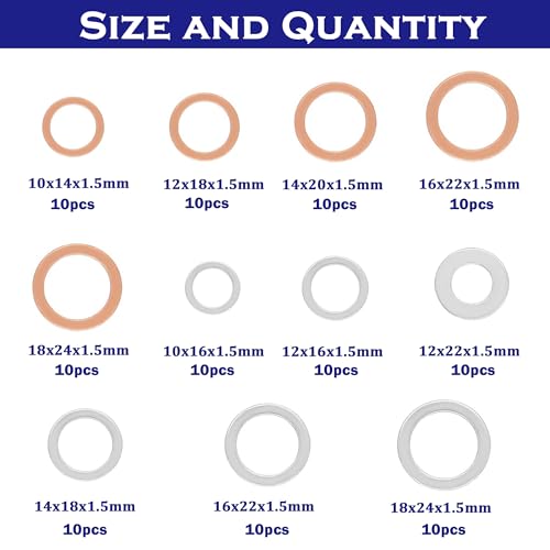 110PCS Crush Washer Oil Drain Plug Gasket Assortment,50PCS 5 Sizes Copper and 60PCS 6 Sizes Aluminum Oil Plug Washers Automotive Engine Crush Washers (M10 M12 M14 M16 M18) - size: 110PCS (M10-M18)