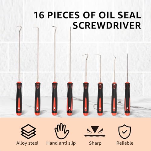 16Pcs Pick and Hook Set, Precision Oil Seal Pick Tool, Easy Removal Automotive Oil Seal Hook, Long Short Reach Seal Puller for Car Lock Keys Remove Hoses and Gaskets